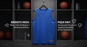 A technical comparison photograph of a cobalt blue basketball jersey hanging in a locker room, featuring integrated macro swatches and text overlays for Birdseye Mesh (ventilation) and Pique Knit (durability).