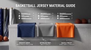 A technical infographic and product photograph comparing synthetic basketball jersey materials. Three distinct swatches of fabric are neatly presented on a light grey concrete counter under clean studio light. From left to right: deep blue Birdseye Mesh labeled "BIRDSEYE MESH: MICRO-POROUS VENTILATION"; grey Interlock Knit labeled "INTERLOCK KNIT: SMOOTH OPACITY"; and vibrant orange Dazzle Tricot labeled "DAZZLE TRICOT: ICONIC SHINE & STRENGTH". All three show realistic engineered textures. The background softly blurs a modern technical textile lab with fabric rolls and basketballs.