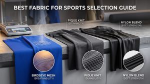 A detailed B2B product showcase of technical fabrics draping on a studio counter, illustrating the best fabric for sports selection. Featured materials include blue Birdseye mesh (maximum breathability), gray Pique honeycomb knit (structured durability), and black smooth nylon spandex blend (soft strength). Integrated performance graphics demonstrate moisture wicking and airflow technology on each swatch, helping procurement professionals source performance sportswear materials.