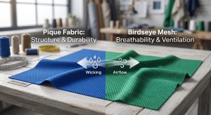 A comparison photograph showing Pique fabric with its honeycomb texture and Birdseye mesh with micro-holes, highlighting breathability and structure for performance sportswear.