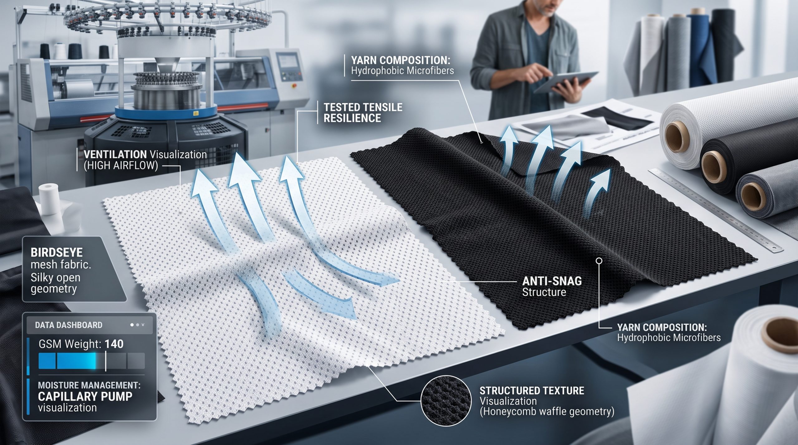 A detailed B2B featured image visual for a blog post, comparing high-performance fabric sport knits on a dynamic design studio table. One swatch shows magnified birdseye mesh with airflow visualization, emphasizing high ventilation. The other swatch shows magnified pique mesh with honeycomb geometry visualization, emphasizing texture and durability. virtual data callouts provide analytics on 'Moisture Management' and 'GSM Weight' next to a blurred circular knitting machine and sourcing manager. composite visualization focused on material properties.