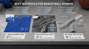 A realistic conceptual information photograph comparing three top performance fabrics for basketball shorts: Breathable and Lightweight Mesh (left), Resistant and Shiny Dazzle Tricot (center), and Comfortable and Leisure French Terry (right). Each swatch shows its texture and includes small icons indicating breathability, durability, style, and GSM, suitable for sourcing decisions. Set in a modern textile catalog environment with blurred basketballs and fabric rolls. No visual separating lines.