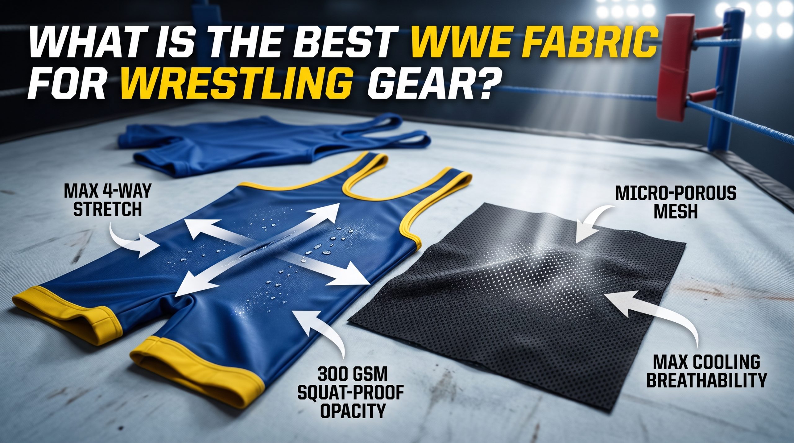 A high-angle featured image comparing wwe fabric options on a wrestling mat: illustrating 4-Way stretch opacity vs Birdseye mesh breathability for custom team gear.