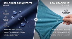 A professional comparison image illustrating the difference between high-quality warp-knit bikini stoffe from certified swimsuit fabric manufacturers (left) which provides dynamic recovery and robust muscular compression, and low-quality knit (right) from unvetted mills which shows fiber snapping, surface pilling, and severe sagging, helping activewear brands avoid costly product issues.