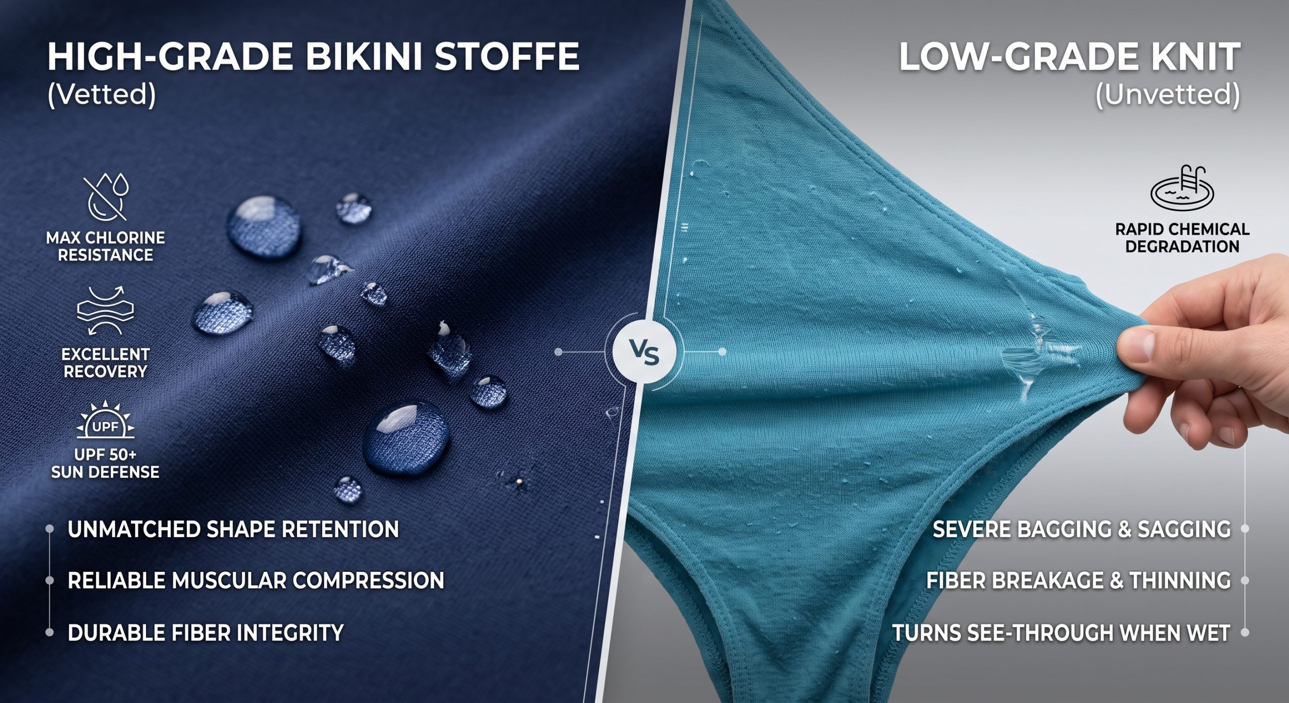 A professional comparison image illustrating the difference between high-quality warp-knit bikini stoffe from certified swimsuit fabric manufacturers (left) which provides dynamic recovery and robust muscular compression, and low-quality knit (right) from unvetted mills which shows fiber snapping, surface pilling, and severe sagging, helping activewear brands avoid costly product issues.