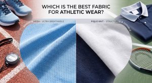 A side-by-side photorealistic comparison of light blue birdseye mesh fabric and white pique knit fabric, illustrating the best fabric for athletic wear based on texture and structure.