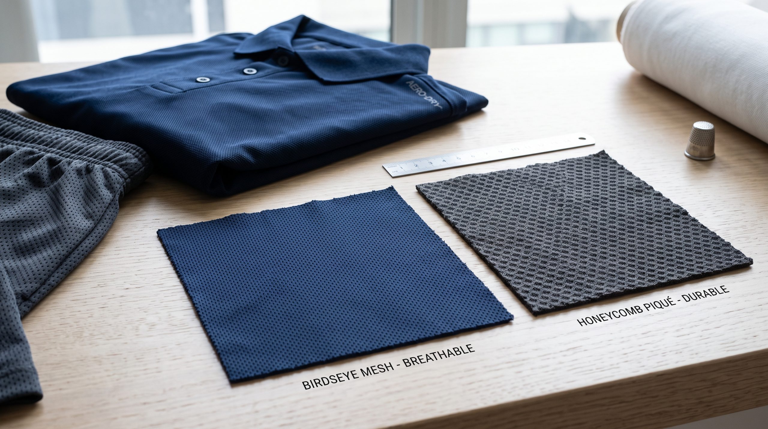 Close-up of high-performance sports textile knit fabric swatches showcasing breathable birdseye mesh and textured piqué structures for athletic apparel.