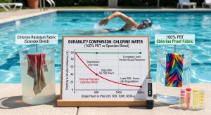 A photorealistic comparison infographic at a swimming pool edge, illustrating the durability of chlorine proof fabric (100% PBT) versus chlorine resistant fabric (spandex blend), with a detailed graph showing degradation over usage hours.