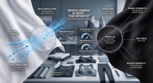 A professional, technically dynamic composite photograph inside a modern textile design and materials studio, visually comparing two specific high-performance fabric sport swatches to answer which fabric is best for sports. The left side features magnified white Birdseye mesh fabric with flowing dynamic blue airflow particles and arrows passing through its open micro-diamond geometric pores, illustrating 'HIGH VENTILATION & SILKY HANDFEEL.' Analytical callouts and a feather symbol highlight performance. The right side features magnified dark gray Pique knit fabric with detailed line callouts over its structured honeycomb waffle weave, illustrating 'RUGGED DURABILITY & ANTI-SNAG STRUCTURE.' Analytical callouts and a lock shield symbol highlight strength. Dynamic B2B infographic overlays between them compare specific metrics on an integrated dashboard graphic element: comparative air permeability and surface durability gauges. Studio background with blurred activewear prototypes and technical materials development table. Photorealistic and material science focus.