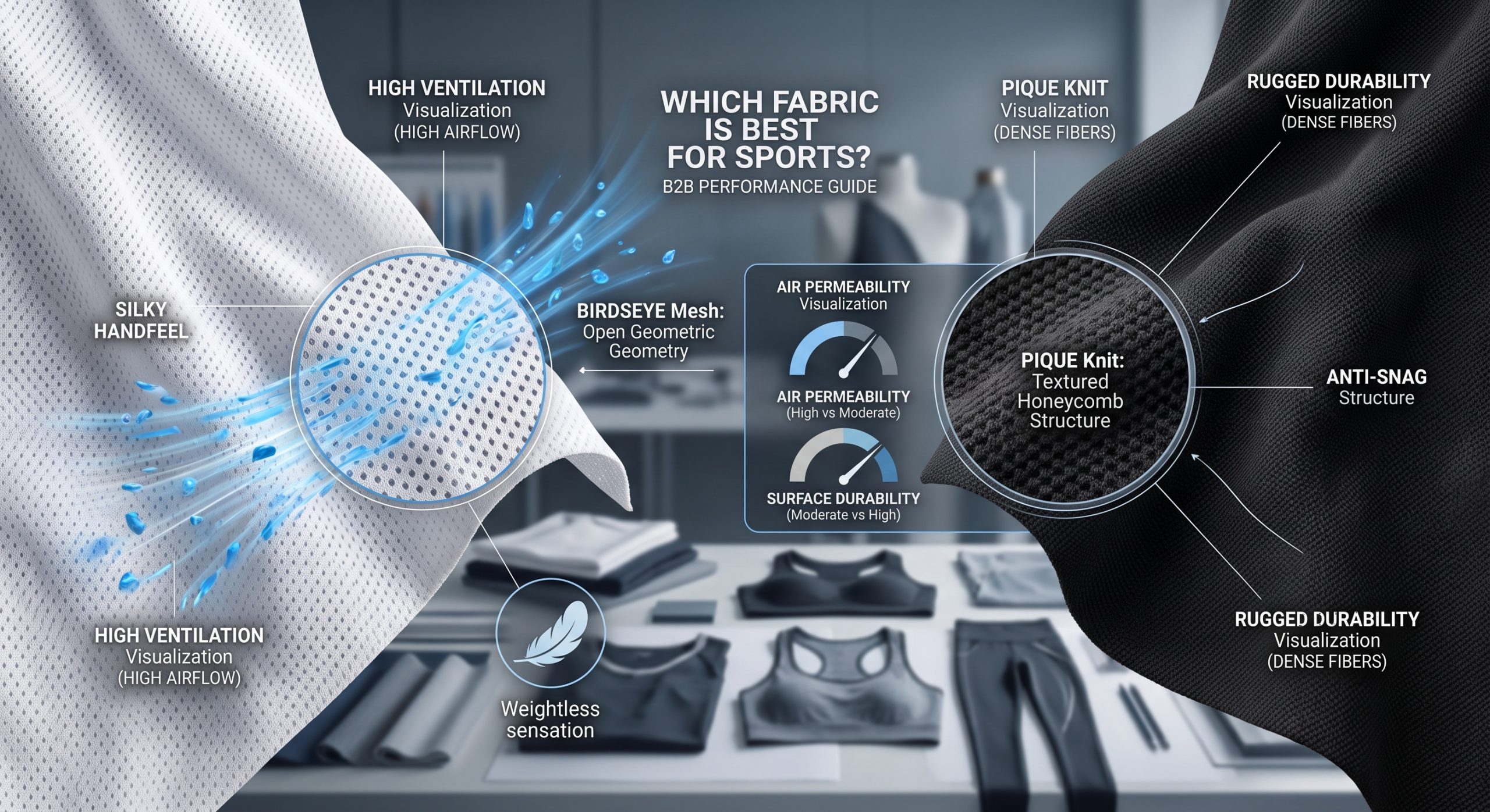 A professional, technically dynamic composite photograph inside a modern textile design and materials studio, visually comparing two specific high-performance fabric sport swatches to answer which fabric is best for sports. The left side features magnified white Birdseye mesh fabric with flowing dynamic blue airflow particles and arrows passing through its open micro-diamond geometric pores, illustrating 'HIGH VENTILATION & SILKY HANDFEEL.' Analytical callouts and a feather symbol highlight performance. The right side features magnified dark gray Pique knit fabric with detailed line callouts over its structured honeycomb waffle weave, illustrating 'RUGGED DURABILITY & ANTI-SNAG STRUCTURE.' Analytical callouts and a lock shield symbol highlight strength. Dynamic B2B infographic overlays between them compare specific metrics on an integrated dashboard graphic element: comparative air permeability and surface durability gauges. Studio background with blurred activewear prototypes and technical materials development table. Photorealistic and material science focus.