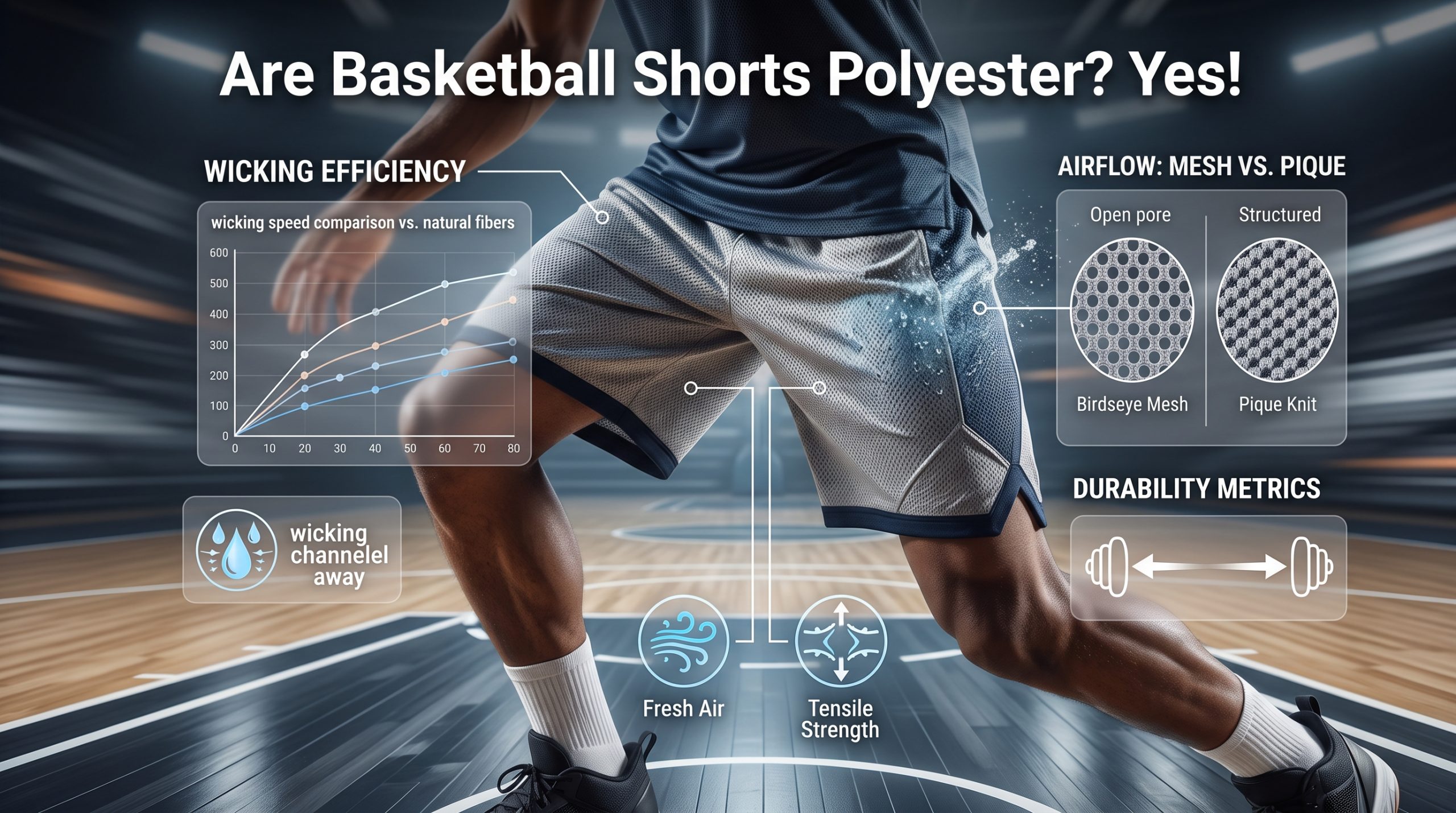 A technical comparison close-up image of dynamic basketball shorts illustrating engineered polyester fabrics and performance data for the article 'Are Basketball Shorts Polyester?'