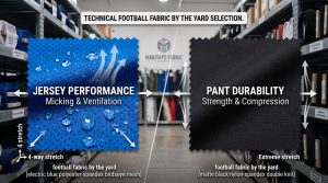 A photorealistic catalog-style featured image comparing dynamic performance football fabric by the yard swatches. An electric blue polyester-spandex birdseye mesh (left) emphasizes moisture management and breathability for jerseys, while a durable matte black compression nylon-spandex (right) highlights structural support and tear strength for pants. Text labels summarize B2B technical features and showing Makitape Fabric rolls in a warehouse background.