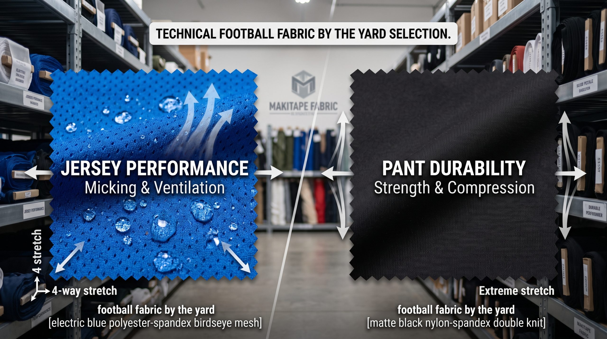 A photorealistic catalog-style featured image comparing dynamic performance football fabric by the yard swatches. An electric blue polyester-spandex birdseye mesh (left) emphasizes moisture management and breathability for jerseys, while a durable matte black compression nylon-spandex (right) highlights structural support and tear strength for pants. Text labels summarize B2B technical features and showing Makitape Fabric rolls in a warehouse background.