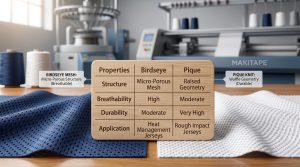 A macro photograph comparing the texture of dark blue birdseye mesh football fabric and white pique knit football fabric, displayed with a central graphic chart outlining their structural and performance differences for professional jersey manufacturing.