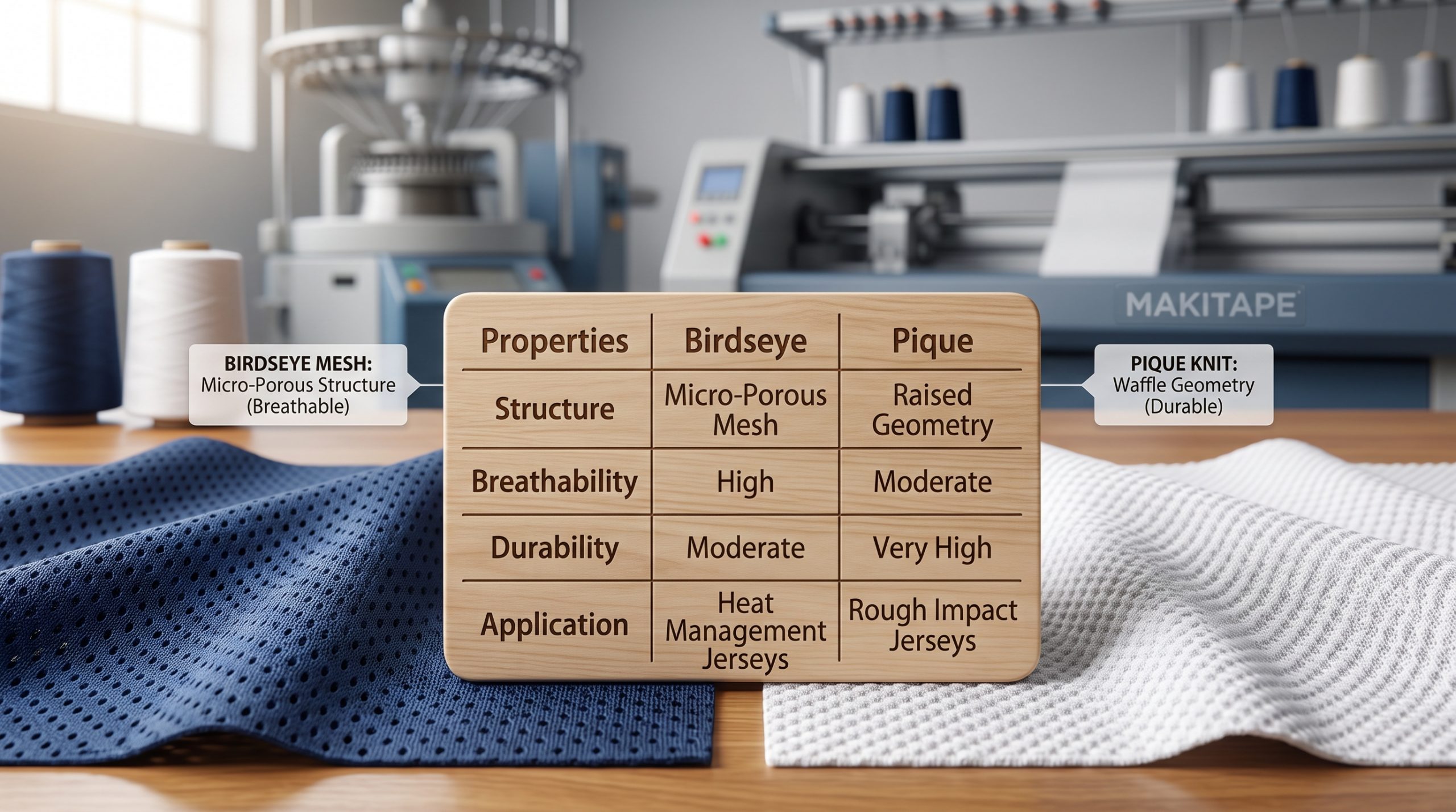 A macro photograph comparing the texture of dark blue birdseye mesh football fabric and white pique knit football fabric, displayed with a central graphic chart outlining their structural and performance differences for professional jersey manufacturing.