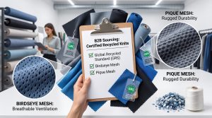 A detailed B2B featured image visual inside a modern textile showroom. A sourcing clipboard labeled 'B2B Sourcing: Certified Recycled Knits' is open, surrounded by clearly labeled swatches of high-quality Birdseye mesh (magnified micro-diamond pores) and Pique knit (magnified honeycomb ridges), all featuring attached Global Recycled Standard (GRS) certification tags, demonstrating complete supply chain traceability for sustainable activewear.