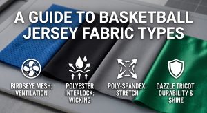 A horizontally-oriented photorealistic featured image displaying four detailed swatches of main basketball jersey fabric types on a grey surface: micro-birdseye mesh, smooth polyester interlock, elastic poly-spandex blend, and shiny dazzle tricot. Small icons indicate airflow, moisture wicking, and stretch. Text title at the top: 'A GUIDE TO BASKETBALL JERSEY FABRIC TYPES'. Soft daylight lighting emphasizes textures.