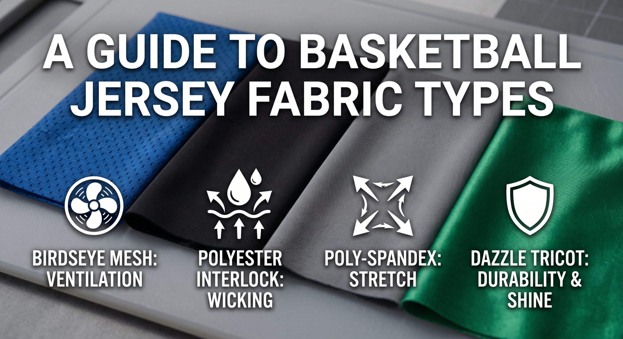 A horizontally-oriented photorealistic featured image displaying four detailed swatches of main basketball jersey fabric types on a grey surface: micro-birdseye mesh, smooth polyester interlock, elastic poly-spandex blend, and shiny dazzle tricot. Small icons indicate airflow, moisture wicking, and stretch. Text title at the top: 'A GUIDE TO BASKETBALL JERSEY FABRIC TYPES'. Soft daylight lighting emphasizes textures.