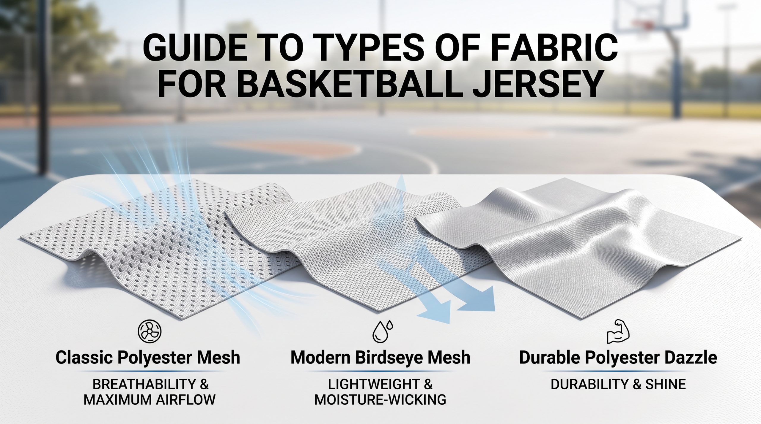 Featured guide image visualizing the performance characteristics of various types of fabric for basketball jersey. A composite visualization displays distinct, photorealistic swatches of Classic Polyester Mesh (emphasizing open pores for Breathability & Maximum Airflow), Modern Birdseye Mesh (highlighting a fine knit for Lightweight & Moisture-Wicking), and Durable Polyester Dazzle (showing a smooth texture for Durability & Shine). Soft graphical overlays illustrate airflow and moisture dispersion, with a blurred outdoor basketball court in the background.