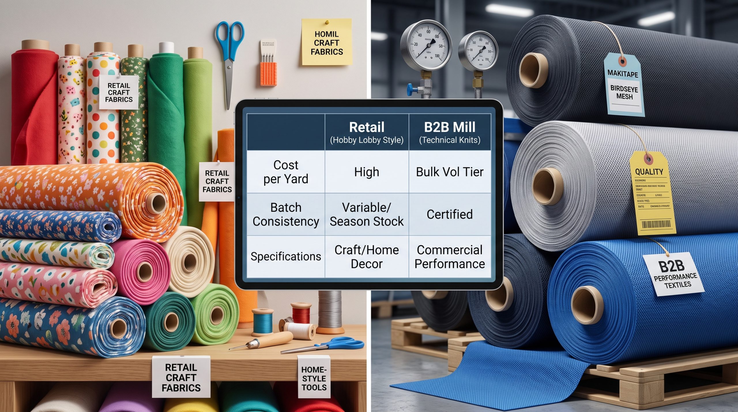 A photorealistic comparison of retail Hobby Lobby fabric bolts next to large industrial rolls of certified performance textiles from a B2B mill, with a cost and consistency chart.