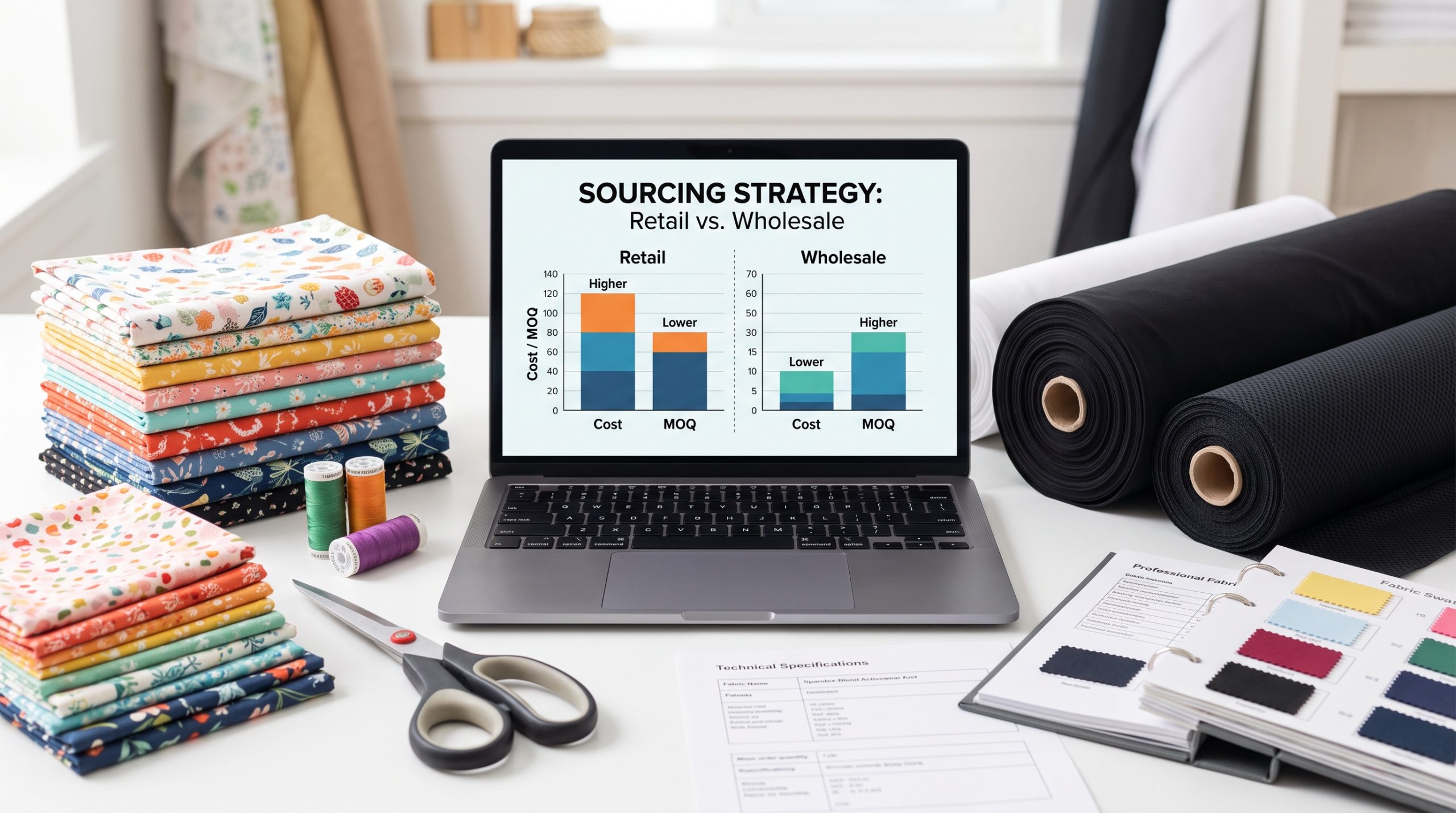 A photorealistic featured image comparing retail Hobby Lobby style printed cotton fabrics with professional technical apparel fabrics, including a sourcing cost infographic displayed on a laptop screen.