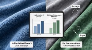 A photorealistic B2B featured image comparing plush Hobby Lobby Fleece insulation against the breathable geometric structure of performance knit fabrics like Birdseye and Pique.Conceptual labels highlight insulation vs. moisture management.