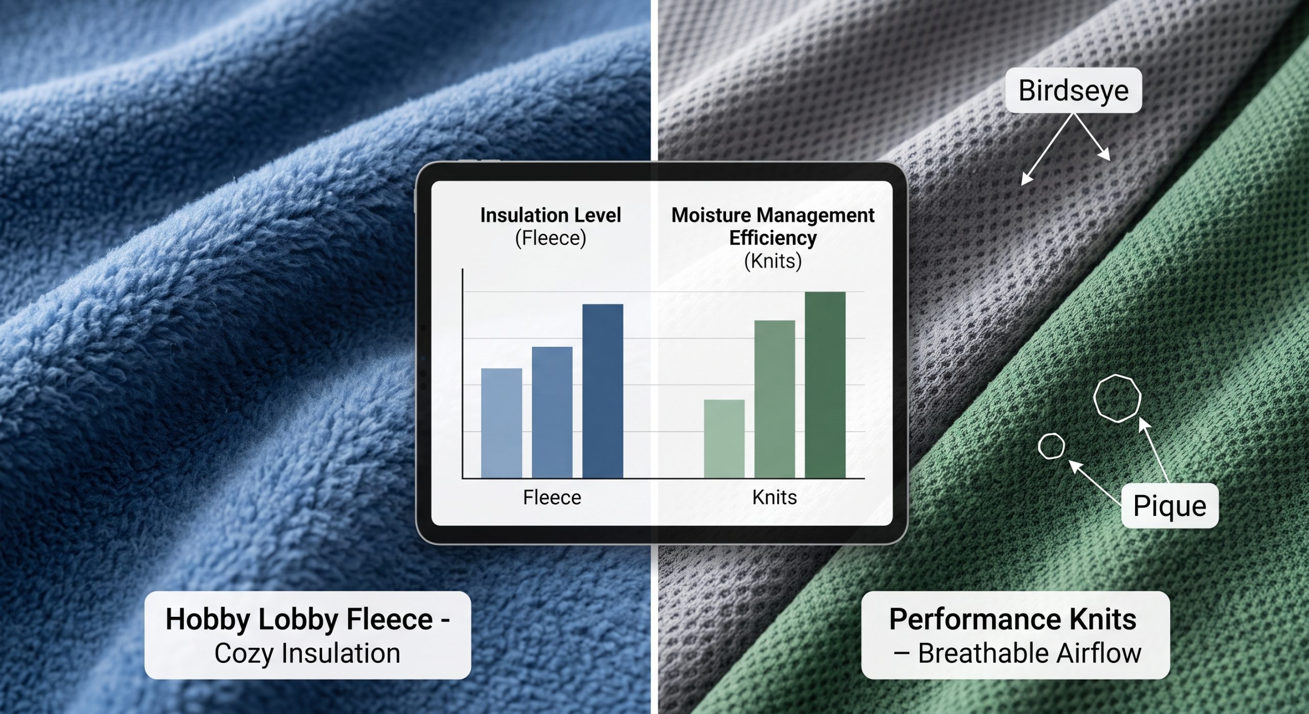 A photorealistic B2B featured image comparing plush Hobby Lobby Fleece insulation against the breathable geometric structure of performance knit fabrics like Birdseye and Pique.Conceptual labels highlight insulation vs. moisture management.