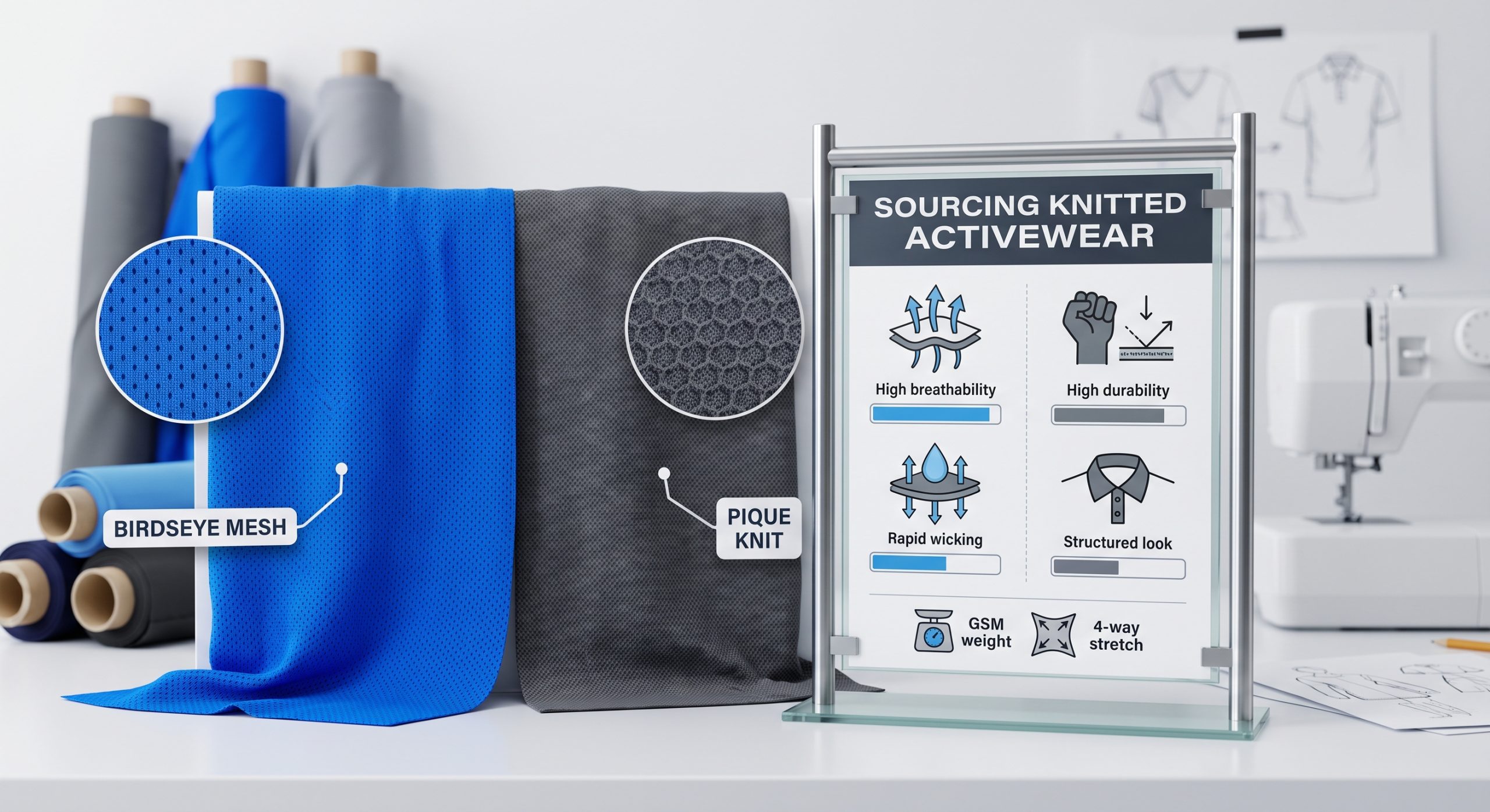 A technical B2B textile display comparing performance knitted activewear fabrics. On the left, a vibrant blue Birdseye Mesh fabric with a magnified inset showing its micro-pinhole geometry for maximum ventilation. On the right, a charcoal gray Pique Knit with a magnified inset showing its honeycomb structure for durability. Integrated is a realistic infographic chart displaying visual data on breathability, moisture-wicking, structure, and GSM weight, emphasizing quality control and sourcing for sports apparel brands.