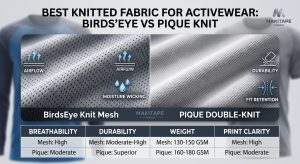 A professional B2B visual comparison guide comparing BirdsEye knit mesh and Pique double-knit for performance activewear. Close-up photography of the fabric textures is paired with informational overlays illustrating airflow, moisture wicking, durability, and fit retention, alongside an infographic table summarizing performance metrics for both fabric types. The aesthetic is technical and professional.