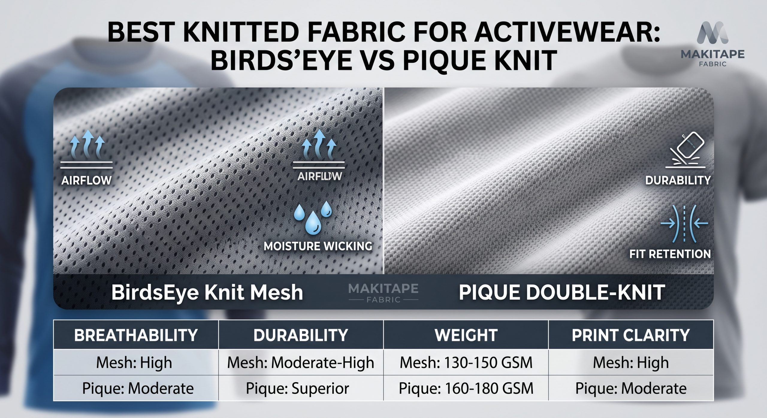 A professional B2B visual comparison guide comparing BirdsEye knit mesh and Pique double-knit for performance activewear. Close-up photography of the fabric textures is paired with informational overlays illustrating airflow, moisture wicking, durability, and fit retention, alongside an infographic table summarizing performance metrics for both fabric types. The aesthetic is technical and professional.