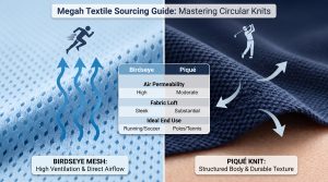 A featured comparison image guide from Megah Textile showing the difference in structure, airflow, and texture between birdseye mesh and piqué knit for activewear sourcing.