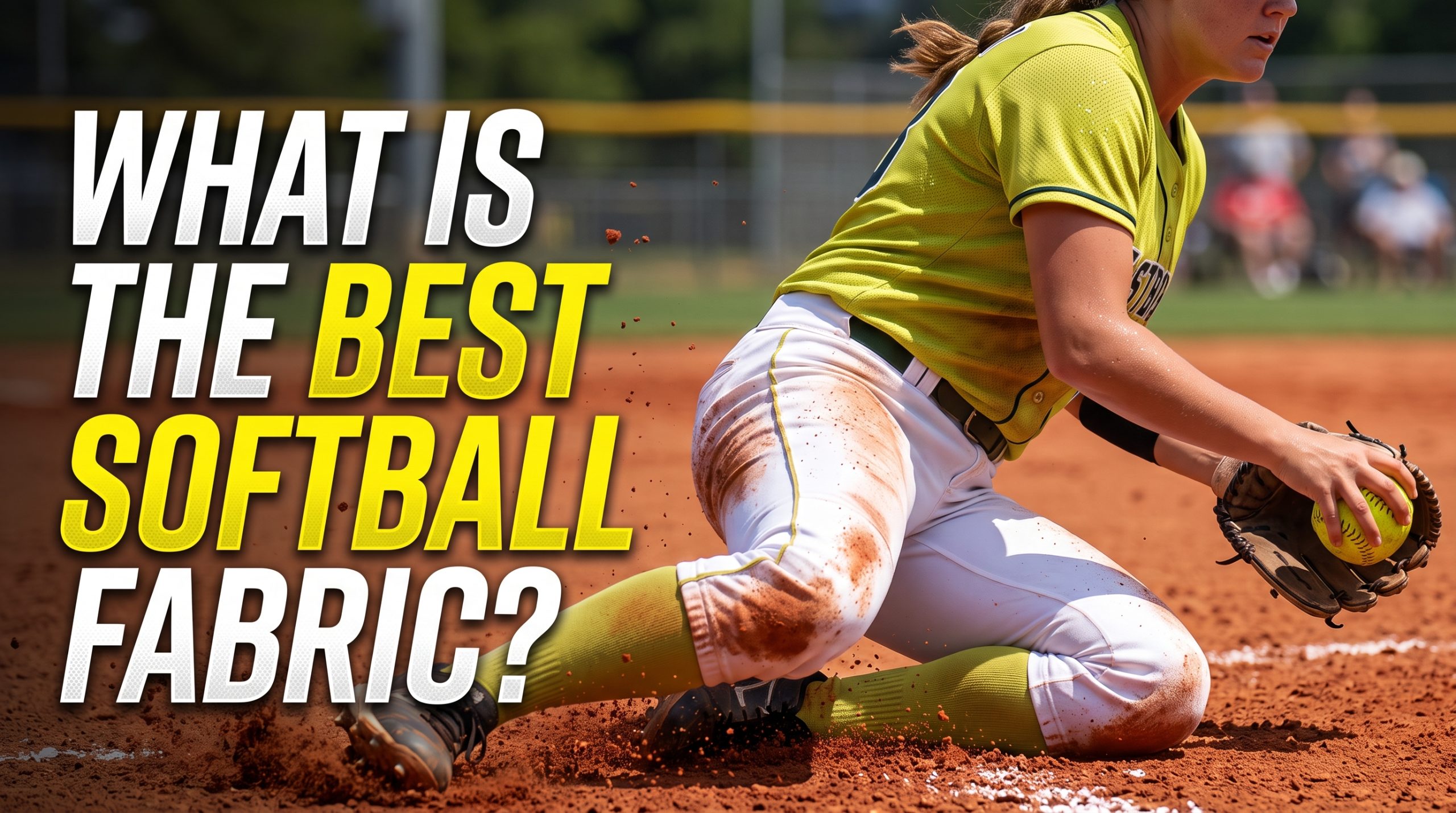 A photorealistic featured image of a female softball player sliding on red clay, highlighting the durable double-knit pants and wicking jersey fabric of a custom uniform.