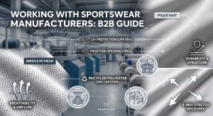 A professional B2B visual comparison of diverse technical activewear fabric swatches (Birdseye mesh, Pique knit, and compression Poly/Spandex) for sportswear fabric manufacturers. Background shows modern industrial knitting machines and rolls of functional fabric. Integrated callouts detail features: Breathability & Airflow, Performance Textiles, B2B Sourcing Guide, and Selecting Manufacturers. A subtle Makitape Fabric logo is present.
