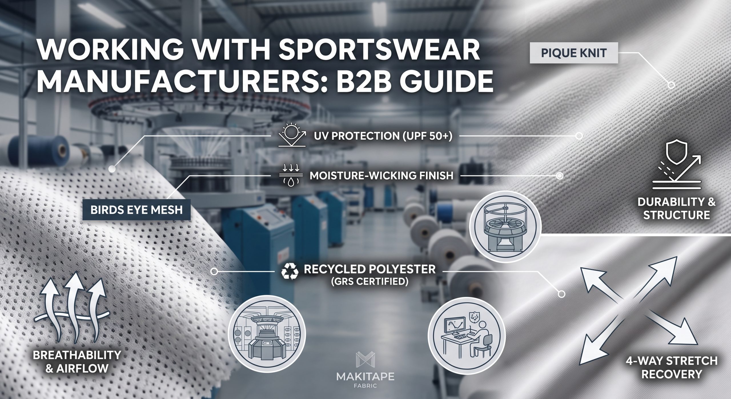 A professional B2B visual comparison of diverse technical activewear fabric swatches (Birdseye mesh, Pique knit, and compression Poly/Spandex) for sportswear fabric manufacturers. Background shows modern industrial knitting machines and rolls of functional fabric. Integrated callouts detail features: Breathability & Airflow, Performance Textiles, B2B Sourcing Guide, and Selecting Manufacturers. A subtle Makitape Fabric logo is present.