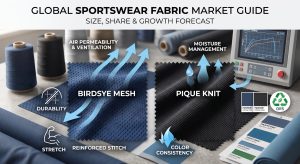 A photorealistic mood board visualizing the 'Sportswear Fabric Market Guide', featuring extremely detailed close-ups of dark blue Birdseye Mesh and black Pique Knit fabrics with graphics for airflow, wicking, and durability, set within a modern textile sourcing studio.