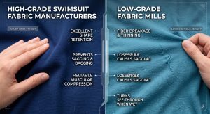 A professional comparison image illustrating the difference between high-quality warp-knit swimwear fabric from certified swimsuit fabric manufacturers (left) which provides dynamic recovery and reliable muscular compression, and low-quality knit (right) from unvetted mills which shows fiber snapping, surface pilling, and severe sagging, causing garment failure.