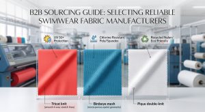 A professional B2B visual guide comparing technical fabric swatches supplied by swimwear fabric manufacturers. The composite image features three distinct synthetic knits: smooth coral-red Tricot, micro-porous teal blue Birdseye mesh, and white textured Pique double-knit. Subtle graphical overlays with icons point to critical performance features such as UV 50+ Protection, Chlorine Resistant Poly/Spandex, and Recycled Nylon/Eco-Friendly credentials, set against a modern textile factory with knitting machines. Soft professional lighting highlights the intricate knit textures.