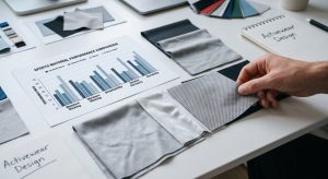 Photorealistic featured image capturing multiple synthetic sports material fabric samples (recycled polyester, nylon blend, compression fabric) neatly arranged on a studio table, alongside a detailed chart image showing a performance comparison bar graph titled "SPORTS MATERIAL PERFORMANCE COMPARISON". Natural light highlights the textures and data.