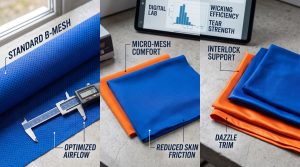A high-resolution close-up photograph comparing swatches of cobalt blue and orange basketball jersey fabric mesh, showcasing standard mesh, micro-mesh, and dazzle textures with technical graphic overlays, perfect for activewear manufacturing.