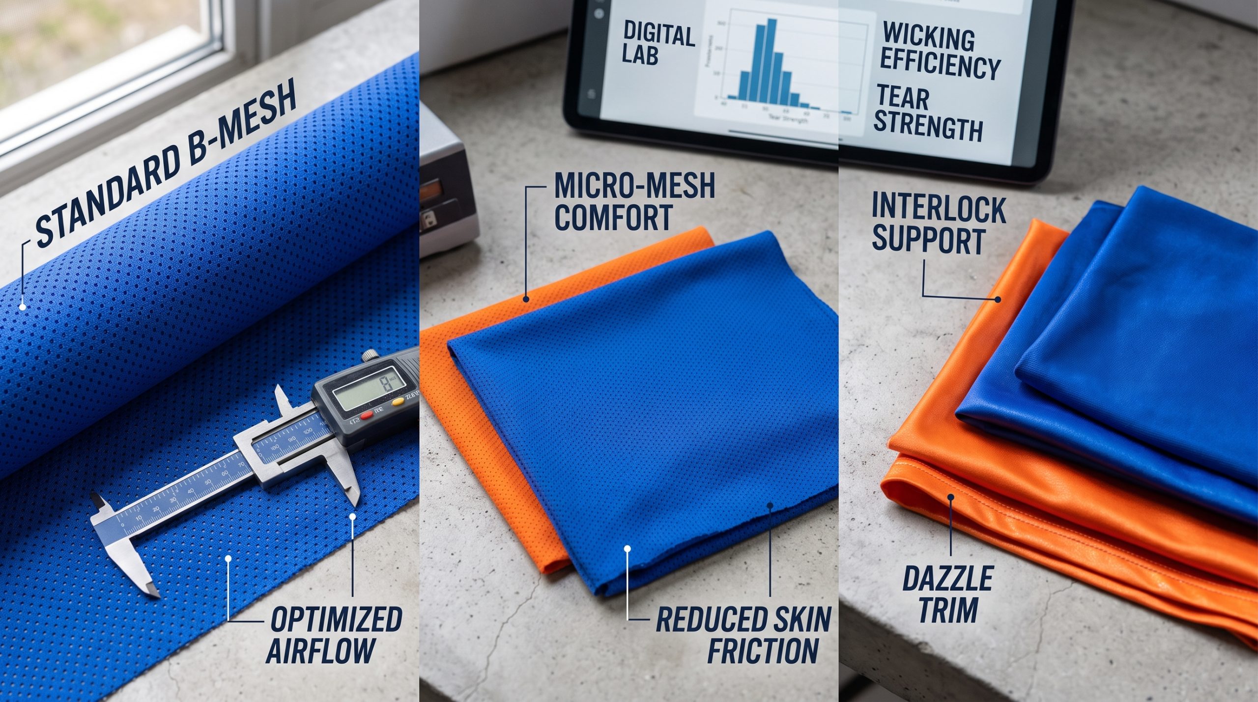 A high-resolution close-up photograph comparing swatches of cobalt blue and orange basketball jersey fabric mesh, showcasing standard mesh, micro-mesh, and dazzle textures with technical graphic overlays, perfect for activewear manufacturing.