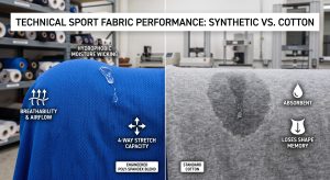 A detailed photorealistic comparison of cobalt blue engineered poly-spandex sport fabric, showing its moisture wicking, breathability, and 4-way stretch properties, versus absorbent cotton losing shape memory, contrasting the performance benefits in a professional B2B textile quality control lab.