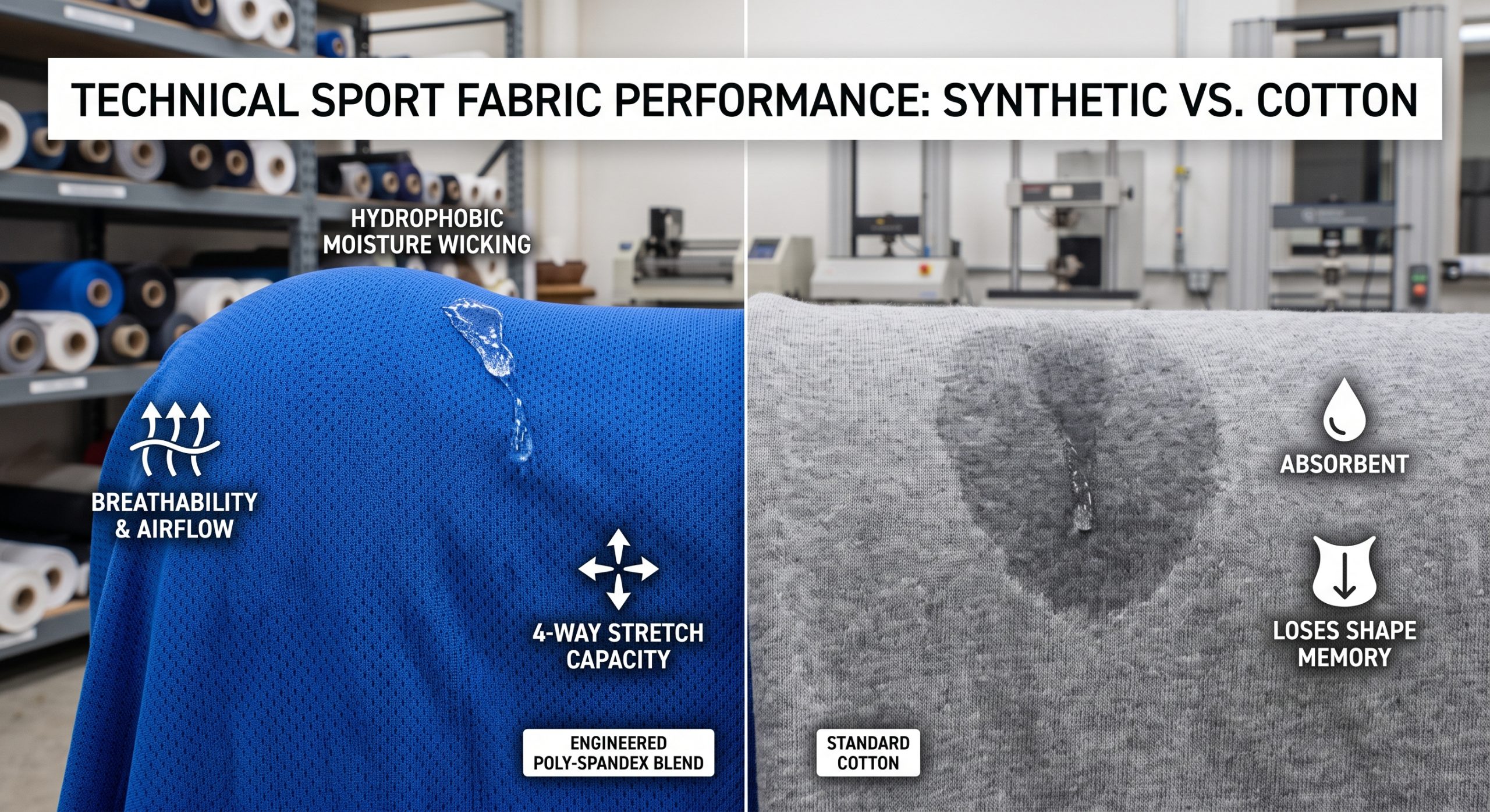 A detailed photorealistic comparison of cobalt blue engineered poly-spandex sport fabric, showing its moisture wicking, breathability, and 4-way stretch properties, versus absorbent cotton losing shape memory, contrasting the performance benefits in a professional B2B textile quality control lab.