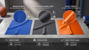 A professional B2B conceptual guide image visualizing a side-by-side comparison of distinct performance basketball jersey fabrics on a modern textile laboratory counter. On display are swatches of micro-porous blue Birdseye Mesh (left) labeled for maximum breathability with magnified eyelet detail, smooth charcoal grey Interlock knit (center) labeled for superior opacity with magnified double-knit structure, and high-gloss orange Dazzle Tricot (right) labeled for iconic shine and strength with magnified warp-knit grid detail. Technical spec cards details GSM weight and use. Floating vector graphics and icons compare breathability, weight, and durability to help activewear procurement professionals align material selection with player dynamic movement demands for retail market success. A subtle basketball sits in the blurry background next to other fabric rolls under soft directional light. No quotes around labels. Photorealistic, clean, engineered aesthetic.