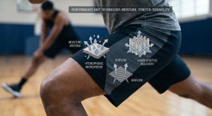 A macro view infographic comparing performance knit fabric technology, with integrated graphical overlays illustrating moisture wicking, thermal regulation through airflow, and 4-way stretch recovery on an active athlete.