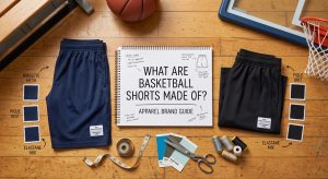 A professional flat lay photograph displaying various basketball shorts, fabric swatches labeled Birdseye Mesh and Pique Knit, and design tools, with a central notebook titled "WHAT ARE BASKETBALL SHORTS MADE OF? APPAREL BRAND GUIDE."