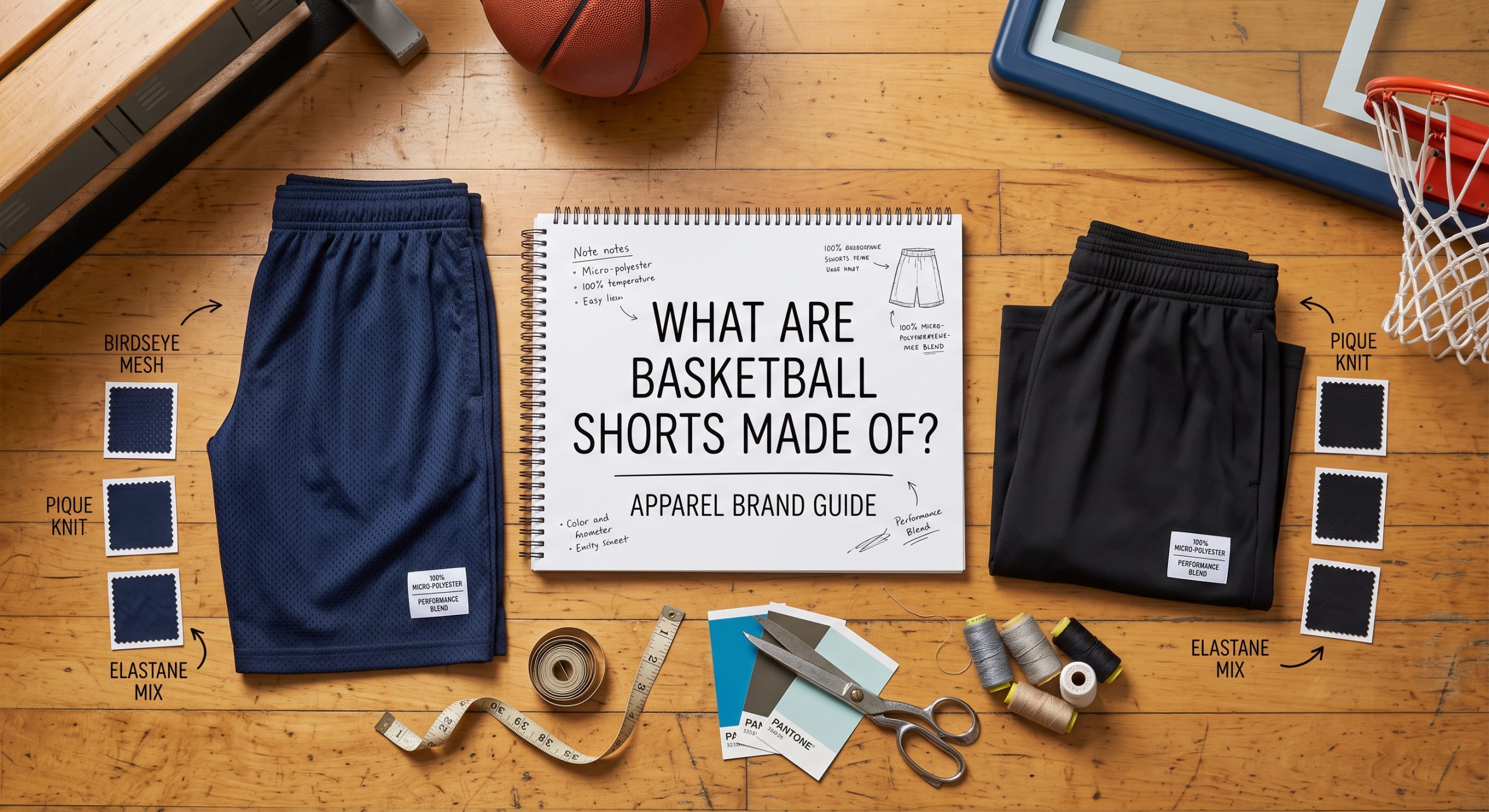 A professional flat lay photograph displaying various basketball shorts, fabric swatches labeled Birdseye Mesh and Pique Knit, and design tools, with a central notebook titled "WHAT ARE BASKETBALL SHORTS MADE OF? APPAREL BRAND GUIDE."