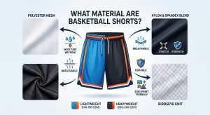 Infographic detailing what material are basketball shorts made of, including polyester mesh, nylon, and spandex, highlighting moisture wicking and breathability.