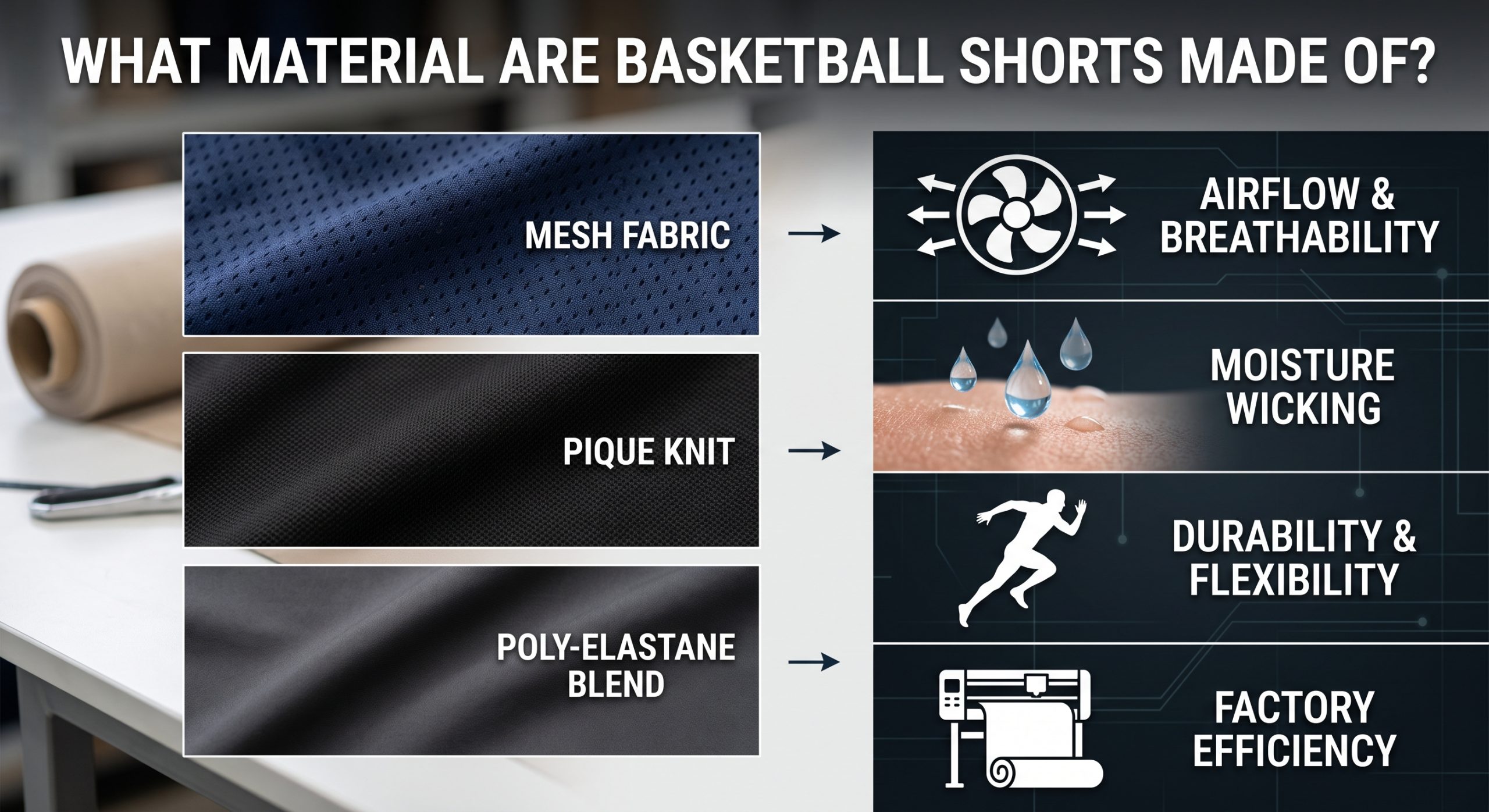 A photorealistic infographic featured image for an article about what material are basketball shorts made of. It displays close-up fabric swatches of mesh and pique knit, alongside diagrams illustrating airflow, moisture wicking, durability, and factory efficiency. The title "WHAT MATERIAL ARE BASKETBALL SHORTS MADE OF?" is prominently displayed.